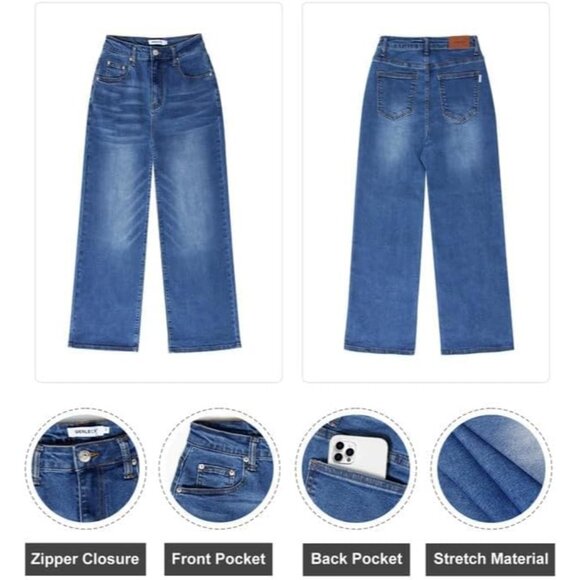 Women's Cropped Wide Leg High Waisted Denim Jeans Stretchy Baggy Fit - Picture 6 of 6